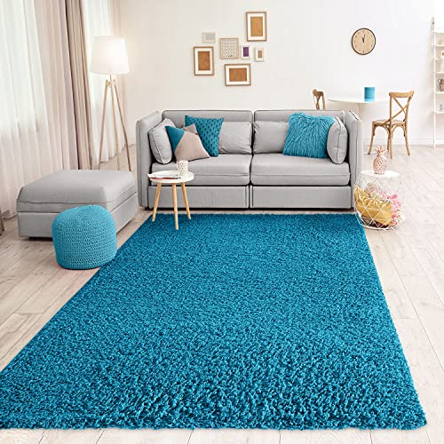 VIMODA Teppich Prime Shaggy Hochflor Langflor Einfarbig Modern Türkis für Wohnzimmer, Schlafzimmer, küche, Maße:70x140 cm