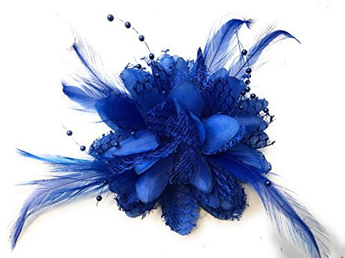 Flower Feather Bead Corsage Hair Clips Fascinator Hairband (Royal Blue) Cobalt
