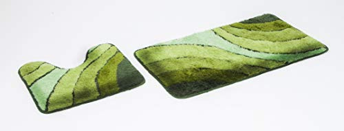 Goodway 2-teiliges Badematten Set Wave, grün mit Ausschnitt │ Größe: 50x90cm, 50x45cm │ Rutschhemmend, waschmaschinenfest, geeignet für Fußbodenheizung