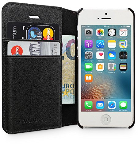 WIIUKA Echt Ledertasche - TRAVEL Away - für Apple iPhone 5 / 5S / SE mit DREI Kartenfächern, extra Dünn Tasche Schwarz Premium Design Leder Hülle