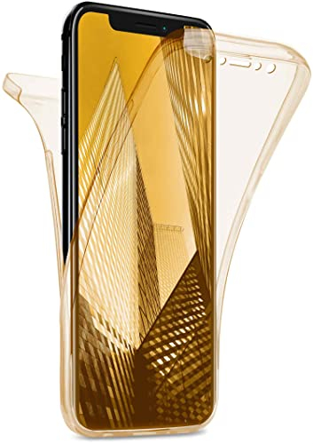 moex Double Case für Apple iPhone X/iPhone XS Hülle Silikon Transparent, 360 Grad Full Body Rundum-Schutz, Komplett Schutzhülle beidseitig, Handyhülle vorne und hinten - Gold