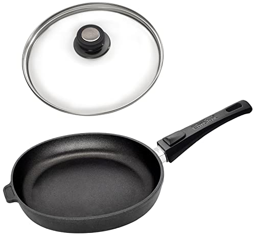 Eurolux Guss-Pfanne Set mit Glas-Deckel Ø 24 cm - flacher 5 cm Rand - Alugusspfanne mit abnehmbaren Stiel & Antihaft-Beschichtung - ohne Induktion - Made in Germany