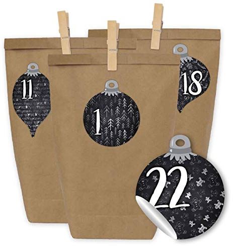 Papierdrachen Adventskalender zum Befüllen - 24 Geschenktüten und 24 Zahlenaufkleber und Klammern - Motiv Kugeln in Tafel-Optik - zum selber füllen und basteln - Weihnachten - Mini Set Nr 60