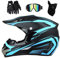 PKFG Mopedhelm Motocross Helm Herren, Serie HM-716 Motorradhelm Set Damen Fullface Motorrad DH Cross Offroad Enduro Quad Mountainbike Helme mit Visier Brille Handschuhe Maske,BlueWhitePurpleM