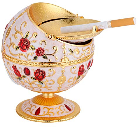 Metal Globe Ashtray, Rose Pattern Vintage Windproof Ashtray with Lid Portable Tabletop Cigarette Ashtray for Outdoors Indoors Home Office Hotel Use by Men Women