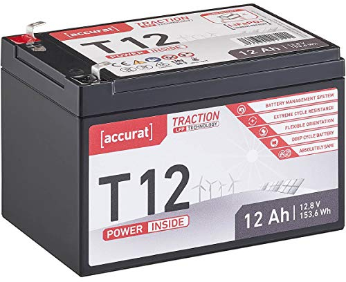 Accurat Traction LiFePO4 Batterie T12-12V, 12Ah - Lithium-Eisenphosphat Versorgungsbatterie, Bootsbatterie, Solarbatterie für Wohnwagen, Wohnmobil, Camper
