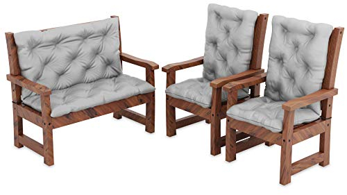 MOLTICO Bankkissen mit Befestigung Bankauflage für Gartenbank - Sitzkissen und Rückenlehne 100x50 x10cm mit 2er 120x50 x10 cm Stuhlkissen Set - Wasserdicht - Outdoor und Indoor - Grau
