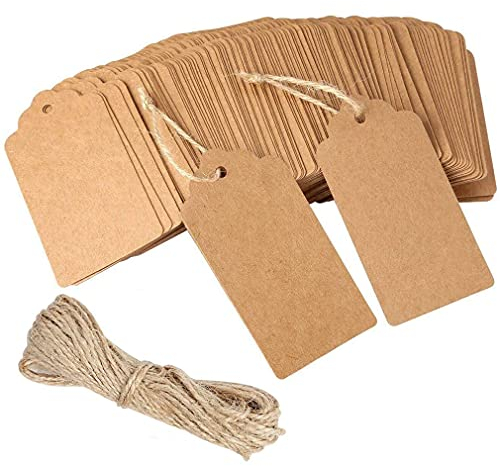 Kraft Paper Gift Tags - 100 PCS Brown Card for Presents, Christmas Decorations, 9 x 4.5 cm, With 10M Jute Twine String, DIY Hang Labels for Crafts