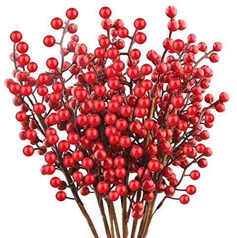 10 Stücke Weihnachten Rote Beeren,Künstliche Rote Beeren Burgunderrote Rote Beere Pflücken Holly Beeren Zweige für Weihnachtsbaum Dekoration DIY Handwerk Weihnachtszeit Winter Dekoration(35CM)