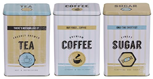 MIK funshopping Set of Retro Metal Tin Coffee, Tea & Sugar - Coffee Canister, Tea Canister, Sugar Bowl with Lid (3-Piece Vintage Design White/Beige/Light Blue)