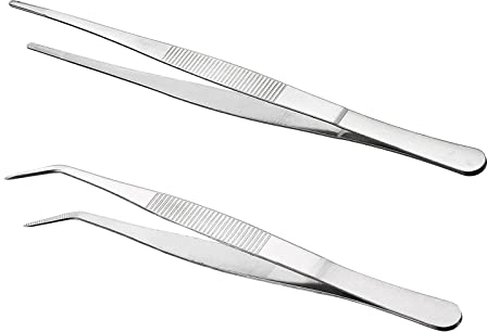 Pinzette piegate smussate, in acciaio inox da 25 cm, professionali, antiscivolo, lunghe e dritte, 2 pinzette angolate per animali acquatici, coralli, artigianato, cucina, riparazione