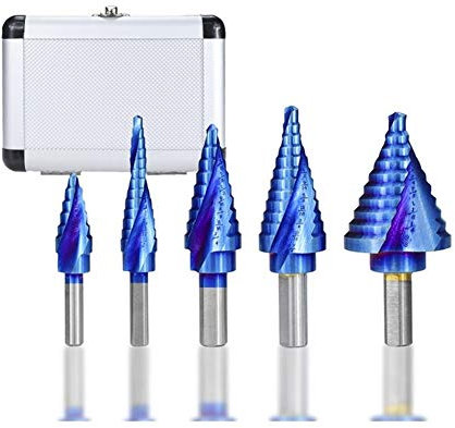 Bit de broca paso de carburo Broca escalonada Set 5pcs Broca HSS Core cono espiral del surco de madera del agujero del metal abridor
