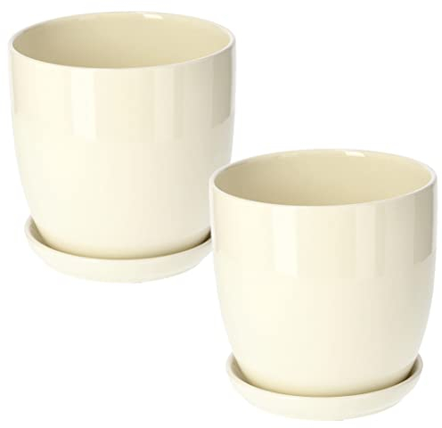 KOTARBAU® Lot de 2 pots de fleurs, en céramique, pour fleurs, plantes, diamètre : 17 cm, avec bac d'égouttement, beige