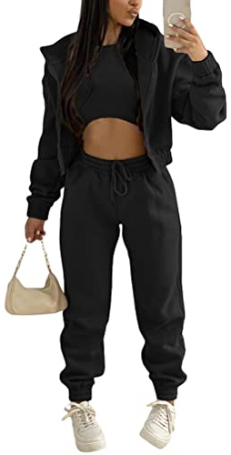 Onsoyours 3 Stücke Damen Sportanzüge Jogginganzug Sport Sets Yoga Outfit Freizeitanzug Sportswear Langarm Kapuzenjacke + Crop Top + Jogginghose mit Taschen Schwarz XS