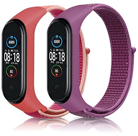 SeNool Cinturino Compatibile con Xiaomi Mi Band 6/Mi Band 5/Mi Band 4, [2 Pezzi] [Nylon Ricambio Bracciale] [Leggero, Resistente], Band para Mi Band 6/5/4/3 - Viola + Rosa Rossa