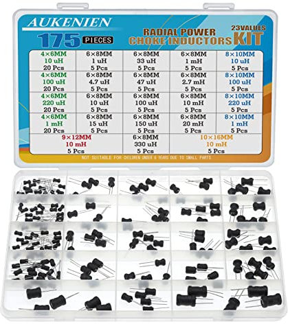 AUKENIEN Inductance 23 Valeurs 175 Pièces 10uH 100uH 220uH 1mH 1uH 4,7uH 15uH 33uhH 47uH 150uH 330uH 2,7mH 10mH 20mH Kit d'assortiment Inductances Radiale