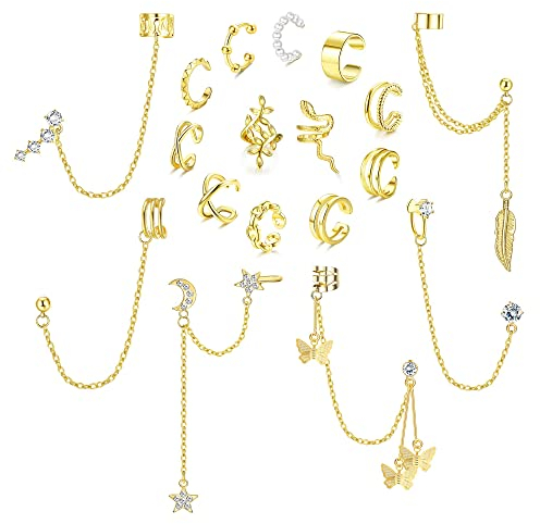 JeryWe 18 Pcs Boucle D'oreille Manchette Pour Femmes Cartilag Clips d'oreille Piercing Réglable Earcuff Pendante Chaîne Attache Helix Cartilage Clip On Wrap Faux Oreille Boucles D'oreilles