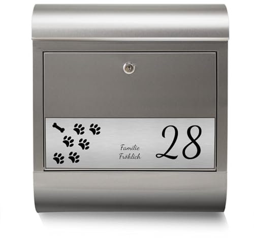 Banjado® Personalisierter Briefkasten Mit Graviertem Namensschild in Silber - Edelstahl 38x43x12cm - Mit Hausnummer, Namen & Motiv Tatzen - Mit Zeitungsfach
