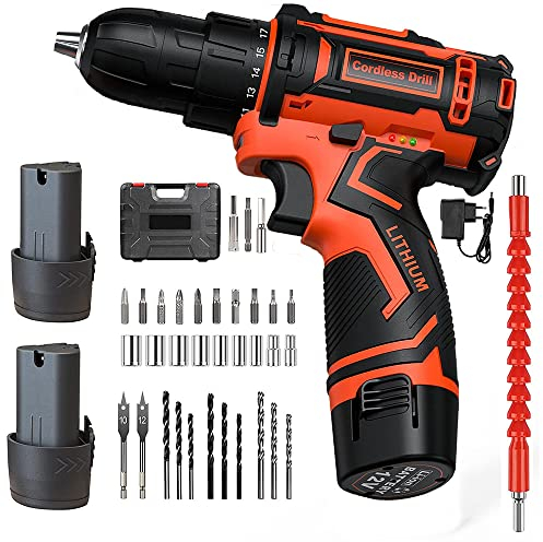 SHAVINGFUN Avvitatore Elettrico,Trapano Avvitatore Batteria 12V,Avvitatore a Batteria con 2 Batteries 2.0Ah,35Nm Avvitatore Elettrico,25+1Coppie2 Velocità,34CS Accessori,elettrico a batteria Strumento