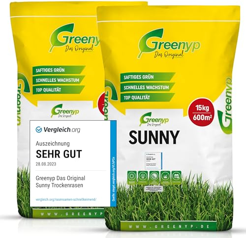 Greenyp® Sunny - Semences de gazon sec résistantes à la sécheresse - 30 kg pour 1200 m² - Semences d'herbe à germination rapide
