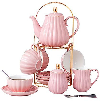 CLAY TONIC-- 8 OZ Fine China Purple Coffee Cup/Teacup Set, Cups & Saucer, with Teapot-Sugar Bowl-Cream Pitcher Teaspoons and tea strainer for Tea/Coffee,17-Pieces- Service for 4 (Pink)