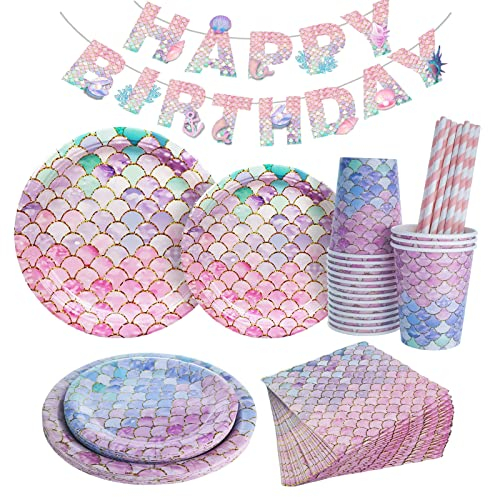 Bymivofun Set de Vaisselle sirène, pour 16 Convives, pour la Fête d'Anniversaire des Sirènes en Papier, pour les Enfants, la Fête d'anniversaire sur le Thème de la Douche de Bébé