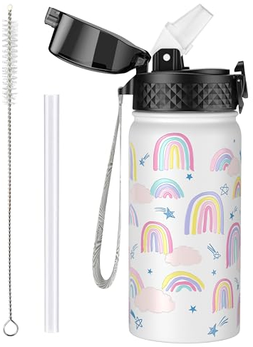 OLDLEY 420ml/14oz Kids Stainless Steel Insulated Water Bottle with Straw for School Reusable Metal Vacuum Small Flask Leakproof Keep Drinks Hot Cold for Boys Girls Toddlers Children (Rainbow, 420ml)