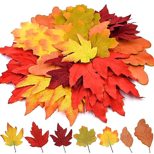 40 Pcs Autumn Maple Leaves,Toppedy Artificial Autumn Fake Fall Leaves Mixed 6 Color Perfect For Decorating Autumn Party Thanksgiving Day Halloween Party Crafts, Autumn Decoration