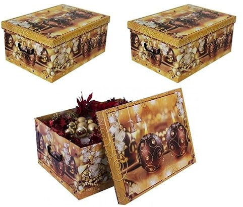 Kreher 3 Stück XL 45 Liter Deko-Kartons, Ordnungsboxen, Stapelboxen mit Deckel und Griffe, 51 x 37 x 24 cm (Weihnachtskerzen)