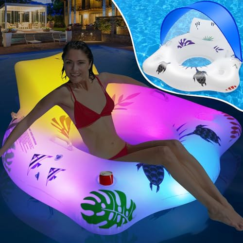 LanBlu Bouee Piscine Adulte avec Parasol Amovible,Solaire Bouée Gonflable Piscine avec Lumière Changeant de Couleur,Bouee Geante Piscine avec Porte-Gobelet Poignées,Bouée Fauteuil pour Piscine Adulte