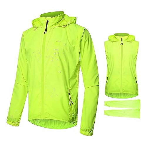 SMTSEC Cycling Running Jacket Mens Removable Sleeves Waterproof Detachable Sleeveless Vest Lightweight Breathable Summer Windbreaker High Visibility MTB Jersey for Cycling Running Jogging,Green-XXL