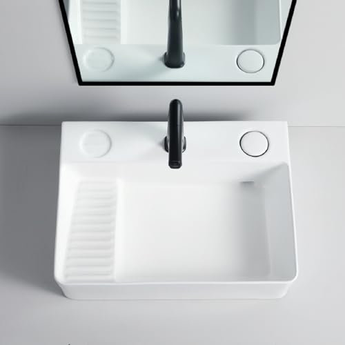 Badezimmer-Waschbecken, Aufsatzwaschbecken, Keramikwaschbecken, versteckte hintere Entwässerung, kratzfest, Waschbecken für Haushaltswaschbecken, Balkonbars, Toilette, Hotel (weiß, 60 x 45 x 15,5 cm)