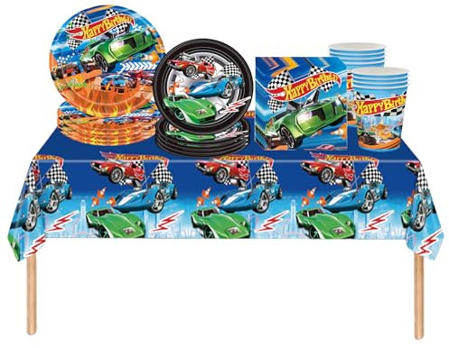 69Pcs Racing Car Party Tableware Set for Boy Birthday - Racing Car Party Decorations, Plastic Table Cloth, Paper Plates, Napkins and Cups Dinnerware Set
