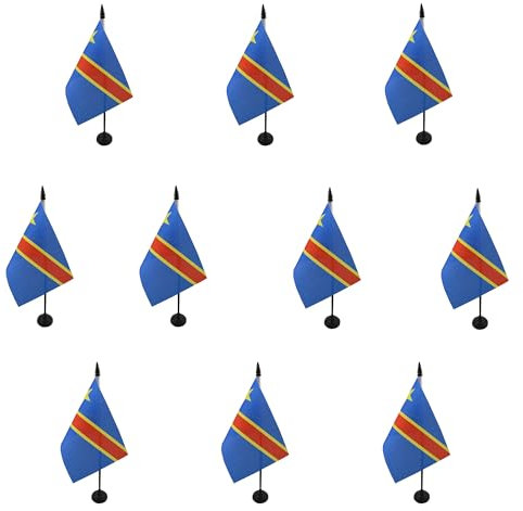 AZ FLAG - Lot de 10 Drapeau De Table République Démocratique du Congo - 15x10 cm - 10 Mini Drapeaux Congolais De Bureau 100% Polyester Avec Hampe De 25cm Et Socle En Plastique Noir