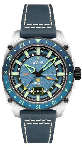 AVI-8 Hawker Hunter Atlas GMT Automatikuhr für Herren, 44 mm, mit Lederband, AV-4122, Retro Blau, Armband