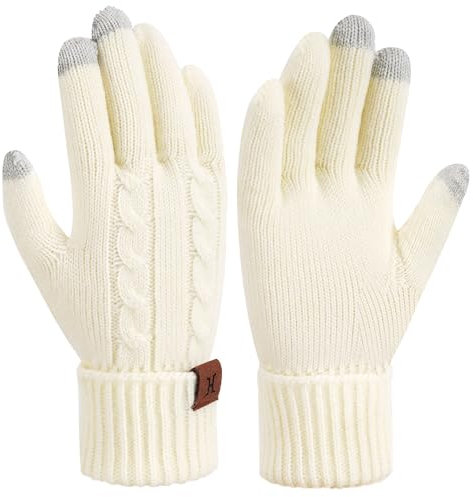 Bequemer Laden Thermo Touchscreen Handschuhe Damen Winter Warm Zopfmuster Winterhandschuhe Strickhandschuhe Fingerhandschuhe mit Elastisch Manschette Frauen Geschenk, Weiß
