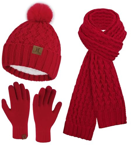Winter Damen Mütze mit Bommel Lange Schal Touchscreen Handschuhe Set Warm Beanie Wintermütze Strickmütze Fleece Gefütterte Winterhandschuhe Schals für Damen Frauen Geschenk, Rot