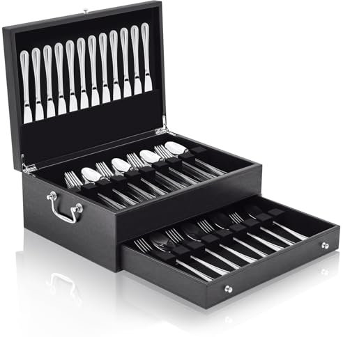 DoubleFill 2 Layer Leather Silverware Storage Box with Lid Drawer Handle, 15.3 x 11.2 Inch Silverware Chest Case with Felt Lined, Flatware and Utensils Organizer for Kitchen Gift, Without Flatware