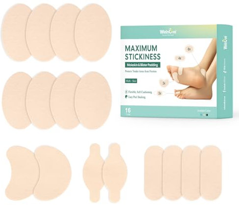 Welnove Moleskin Adhesive Pads for Feet,Blister Bandages for Feet, Mole Skin Patch for Feet Heels, Skin Tape Stickers for Feet - 16 Sheets of 4 Shapes