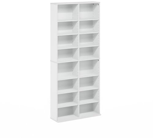 Furinno Jaya Multimedia-Medienspeicher-Tower-Rack mit 16 Regalen und verstellbaren Regalen, Weiß
