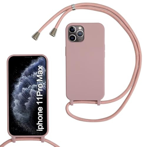 xinyunew Handykette für iPhone 11 Pro Max Hülle mit Band, Handyhülle mit Schnur zum Umhängen, weiche TPU Silikonhülle mit Band [abnehmbar] Halskettenhülle für iPhone 11 Pro Max-Tiefrosa
