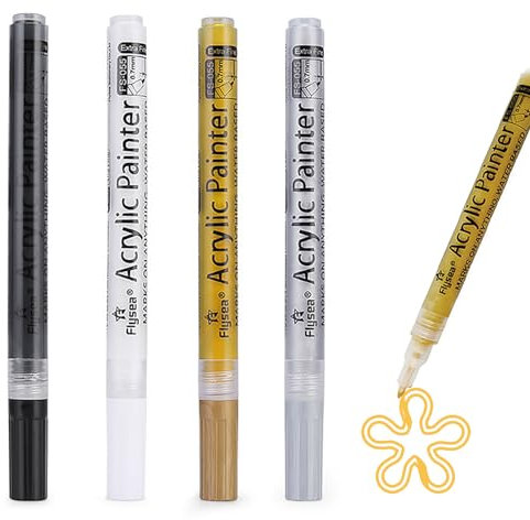 iLamdeetek Lot de 4 Marqueur Peinture Acrylique,Marqueurs acryliques permanents blanc, noir, or et argent, Stylo Peinture Acrylique Pointe Fine 0.7mm, pour Pierres, Céramique, Tissu, Verre, Bois