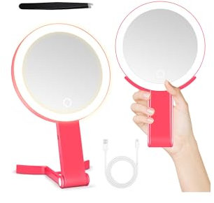 MIYADIVA 30X Vergrößerungsspiegel, doppelseitiger Kosmetikspiegel mit Beleuchtung, 3 Farblichter, 3-in-1 Wandhalterung/Tischständer/Tragbar, Für Reise, Büro, Schlafzimmer, Geschenk für Frauen in Rosa