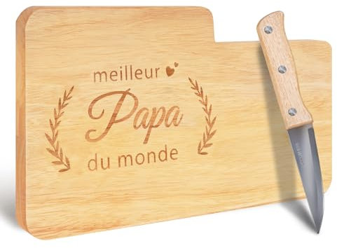 Cadeau Papa, Cadeau Fete Des Peres Idee, Planche à Découper en Bambou Gravée“ meilleur papa du monde” et Couteau, Cadeau Fête des Pères pour Papa,Idee Cadeaux Pere, Cadeau Anniversaire Papa