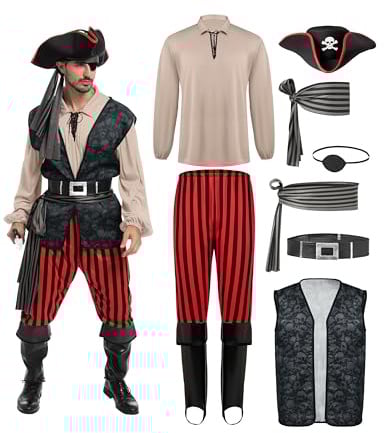 Spooktacular Creations Piratenkostüm für Herren, Khaki-Piratenhemd für Erwachsene, Weste, Wikingerhose, Hut, Zubehör-Set für Halloween-Süßes-oder-Saures-Cosplay-Partys (Mittel)
