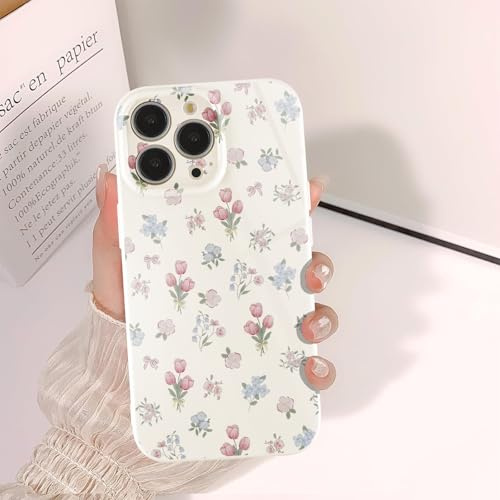 Phoona Pink Blue Flower Case for iPhone 16 Pro Max 6.9, Preppy Vintage Girly Aesthetic Pattern Design, Raised Camera Protection Bumper Soft Slim TPU Shockproof Protective Cover for Girls Women