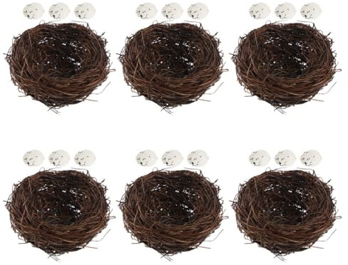 Nid D'oiseau Artificiel Tissé à Main, Lot de 6, avec Œufs | Rotin et Écume, Style Campagne, Aspect Réaliste, pour Jardin et Extérieur, Décoration Polyvalente
