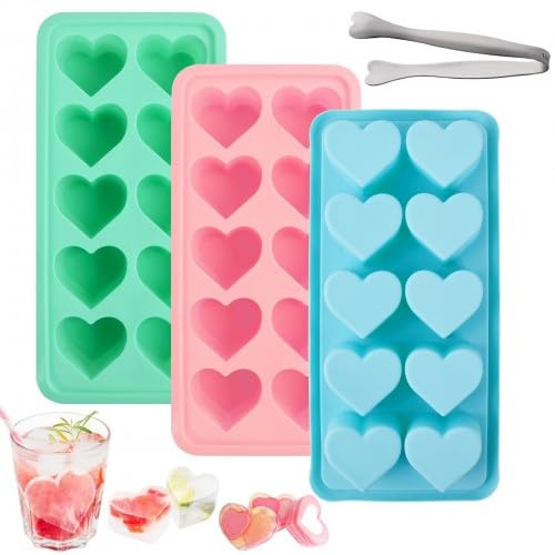 3-Pack Heart-Shaped Ice Cube Molds, Silicone Ice Molds for Popsicles, Chocolate, Pudding (Set of Pink, Green, and Blue)