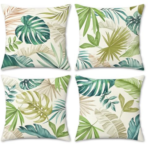 COZZSNUGE Fundas Cojines Hojas Tropicales 45x45 cm, Juego de 4 Hoja de Palma Verde Amarilla Poliéster Fundas de Almohada para Sofá Salón Jardín Exterior Decoración Hogar