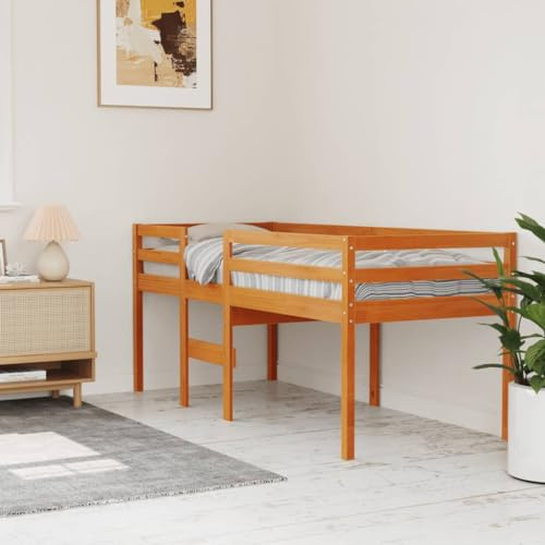 QJBSAVVA Hochbett Kiefer massiv 90x200 cm Wachsbraun mit integrierter Leiter Robuste Lattenroste platzsparend für Kinder- und Jugendzimmer Modernes Design Stauraum unterbau for Schlafzimmer